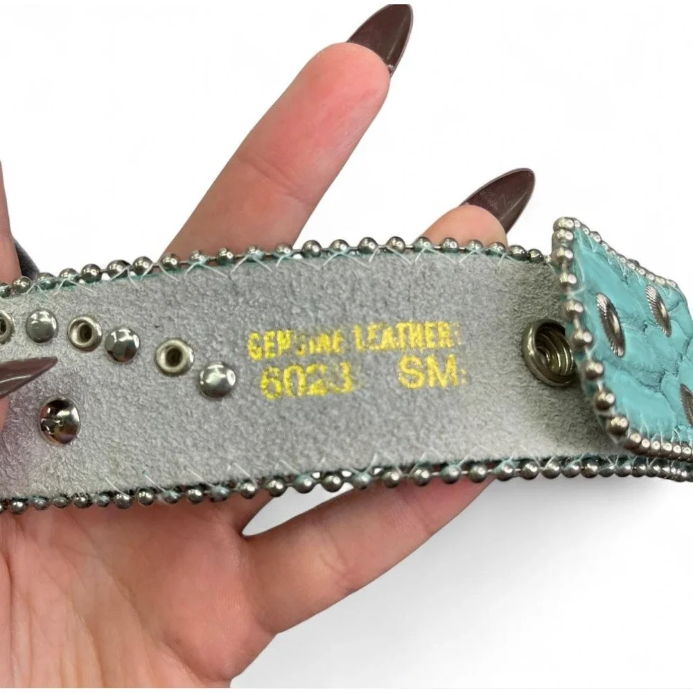 Western Teal Alligator Leather Belt Silver Stud Crystal Rhinestone Conchos Small - Picture 4 of 8